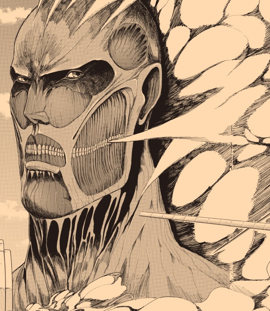Close up of a titan from Attack on Titan